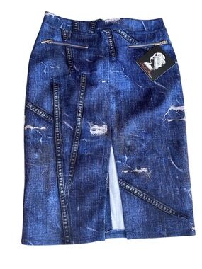 NWT Marilyn Monroe Distressed Denim-Print Pencil Skirt